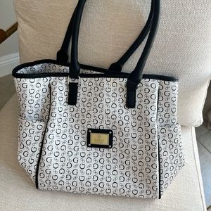 White and black guess monogram shoulder bag